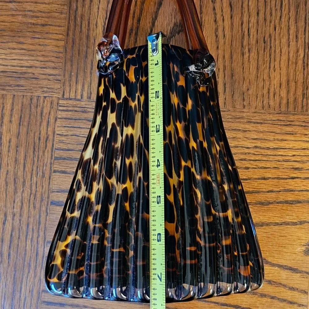 Vintage Art Glass Tortoiseshell Purse Vase Amber Brown Leopard Print Hand Blown
